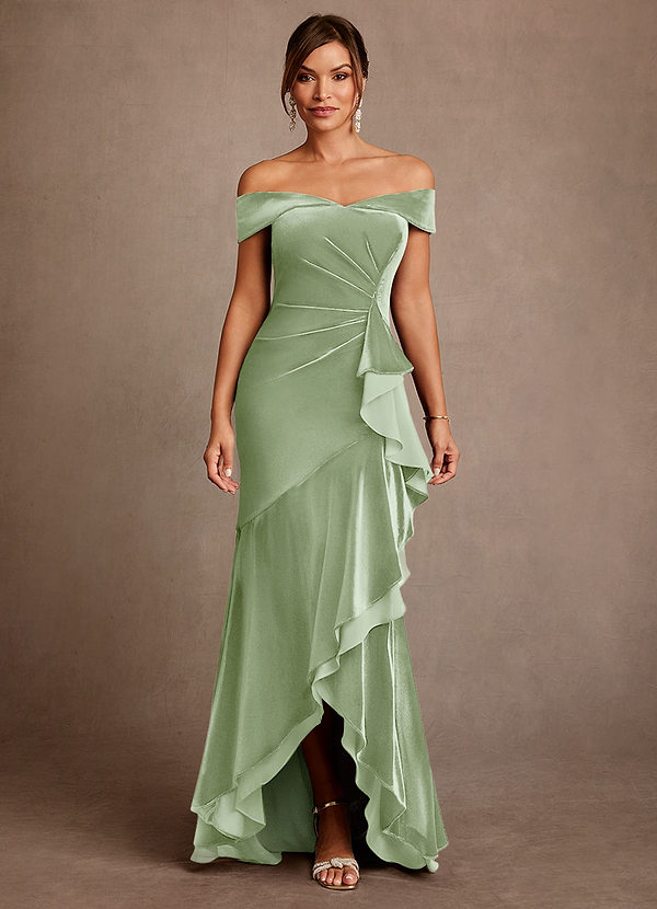 Azazie Billings Mother of the Brides Dresses Dusty Sage Mermaid Off the Shoulder Velvet Dress image1