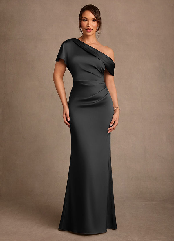 Azazie Rutha Mother of the Brides Dresses Black Sheath One Shoulder Stretch Satin Dress image1