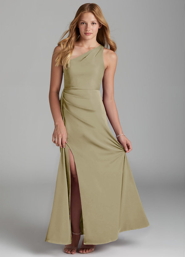 Azazie Maron Junior Linia A Pofałdowany Satyna elastyczna Długość podłogi Młodsza druhna Sukienka image1