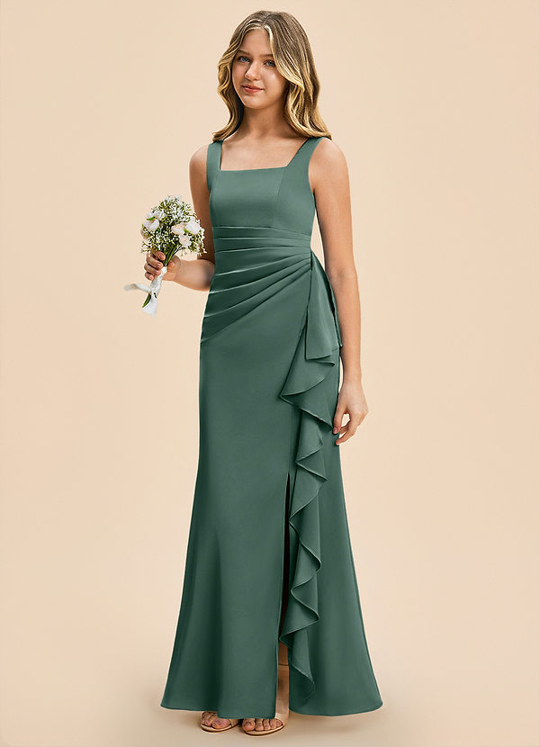Azazie Adrienne Junior Eucalyptus Sheath Pleated Stretch Satin Dress image1