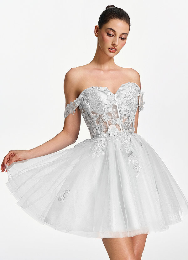 Eudaimonia Blanco Corsé con bordado de lentejuelas y flores en 3D, vestido corto de tul con escote Bardot y corte en A. image1