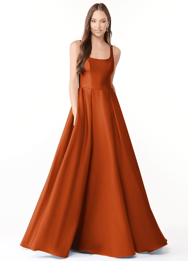 Azazie Neve Abiti da Damigella Abito Principessa in Raso Elasticizzato Con Tasche Arancia Bruciata image1