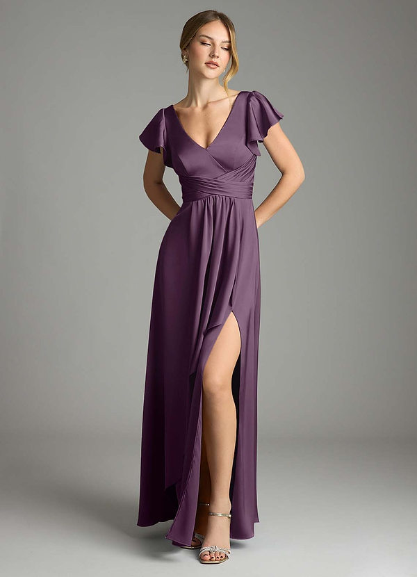 Azazie Omari Bridesmaid Dresses Plum A-Line Stretch Satin Dress image1