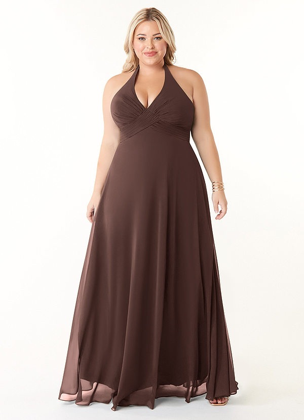 Azazie Tessie Brautjungfernkleider A-Linie V-Hals Gefaltet Chiffon Kleid Ganache image1