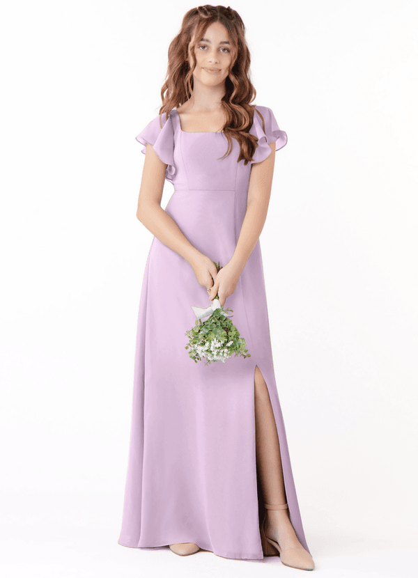 Azazie Bondi Junior Frosted Lilac A-Line Bow Chiffon Dress image1
