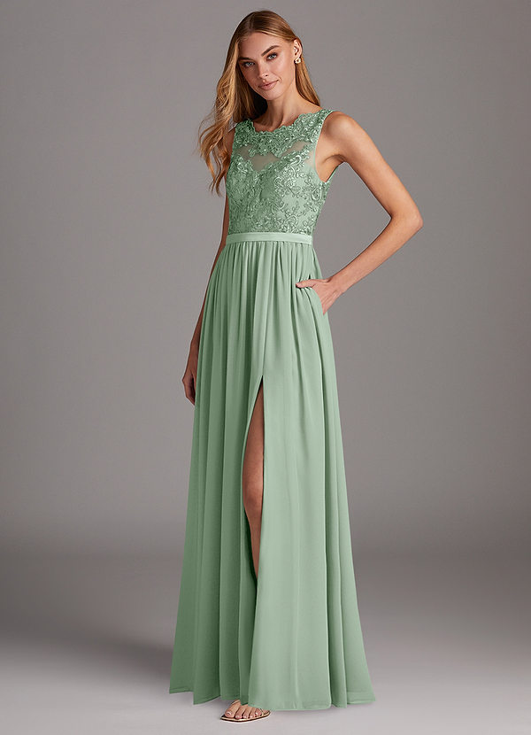 Azazie Elly Bridesmaid Dresses Agave A-Line Lace Scoop Neck Chiffon Dress image1