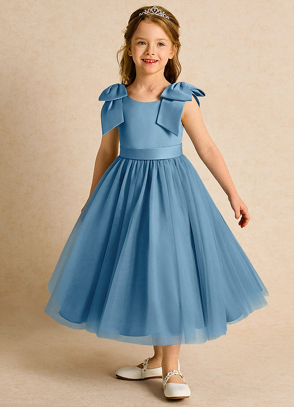 Azazie Serene Abiti da Ragazza di Fiori Abito Principessa in Raso Opaco Fiocco Blu Acciaio image1