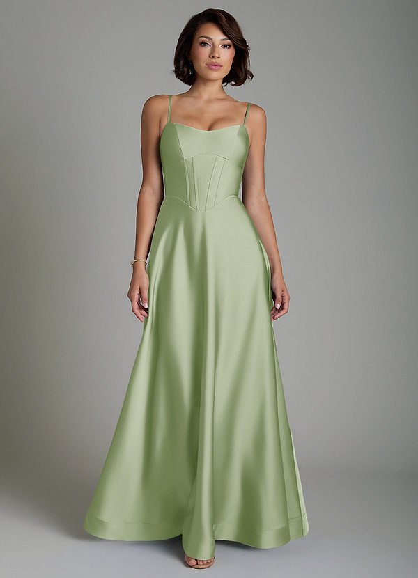 Azazie Nona Bridesmaid Dresses Dusty Sage A-Line Pleated Stretch Satin Dress image1