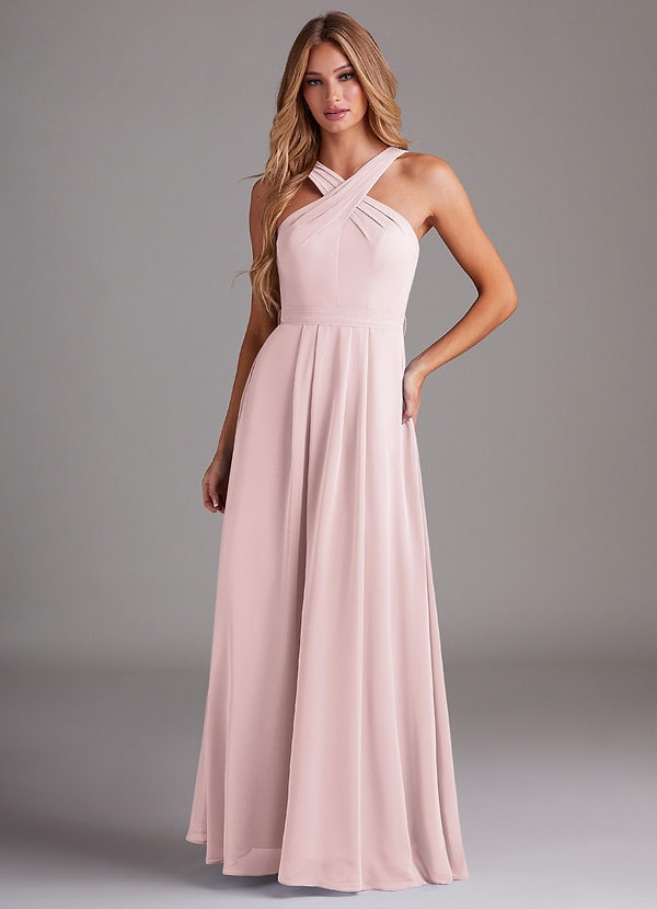 Azazie Dixie Bridesmaid Dresses Blushing Pink A-Line Halter Pleated Chiffon Dress image1