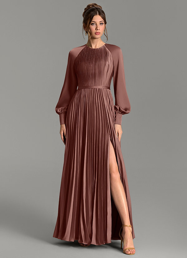 Azazie Grayson Robes de demoiselle d'honneur Robe Trapèze en Satin extensible Manches longues Espresso image1
