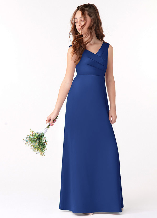 Azazie Sadia Junior Royal Blue A-Line Pleated Stretch Satin Dress image1
