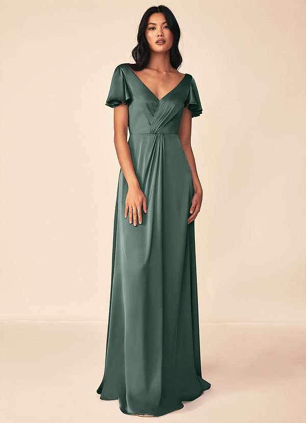 Azazie Soren Bridesmaid Dresses Sea Moss A-Line Pleated Stretch Satin Dress image1