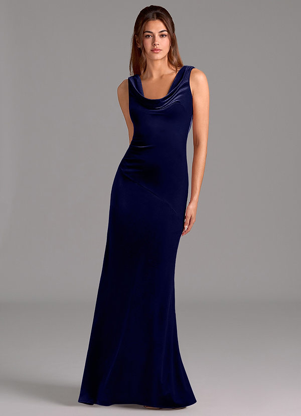 Azazie Rylina Robes Demoiselle d'honneur Robe Sirène en velours Arc Bleu Marine Foncé image1
