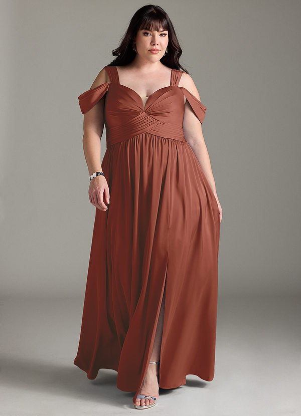 Azazie Lianne Bridesmaid Dresses Auburn A-Line Off the Shoulder Stretch Satin Dress image1