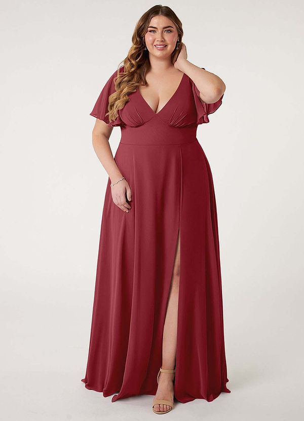 Azazie Kimber Bridesmaid Dresses Pomegranate A-Line Flounce Sleeve Chiffon Dress image1