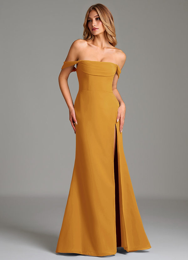 Azazie Riley Bridesmaid Dresses Butterscotch Sheath Off the Shoulder Chiffon Convertible Dress image1