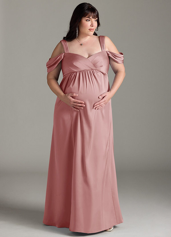 Azazie Rhea Robe demoiselle d'honneur enceinte Robe Trapèze Épaule nue plissée Longueur ras du sol Satin extensible image1