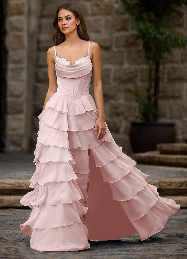 Floralace Powder Pink A-line Cowl Neck Chiffon Satin Layered Ruffle Prom Dress with Applique Slit image1