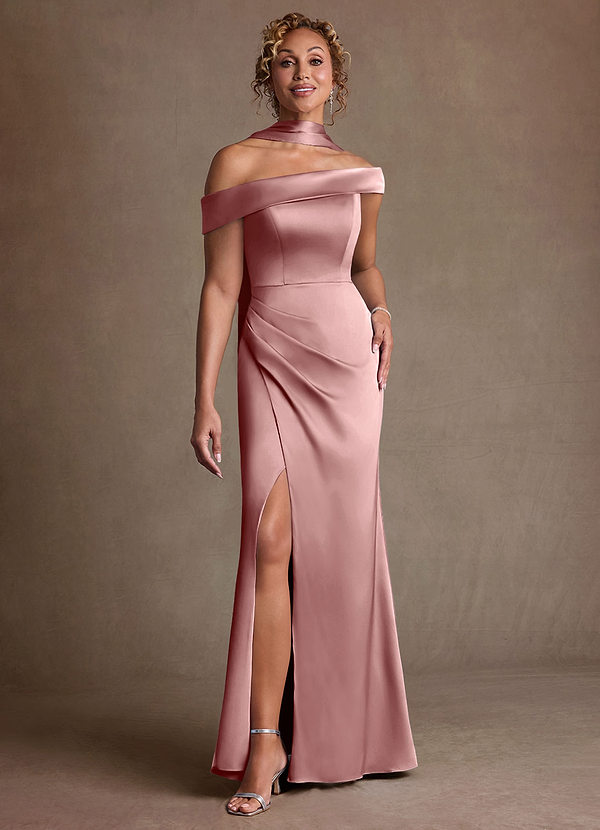 Azazie Kamala Kjoler til brudens mor Skede En skulder Stræk satin Gulv-længde Kjole image1