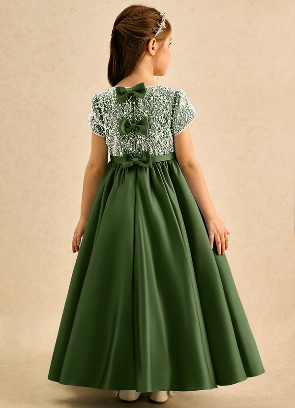 Azazie Cashew Flower Girl Dresses Olive Ball-Gown with Sleeves Matte Satin Dress image1