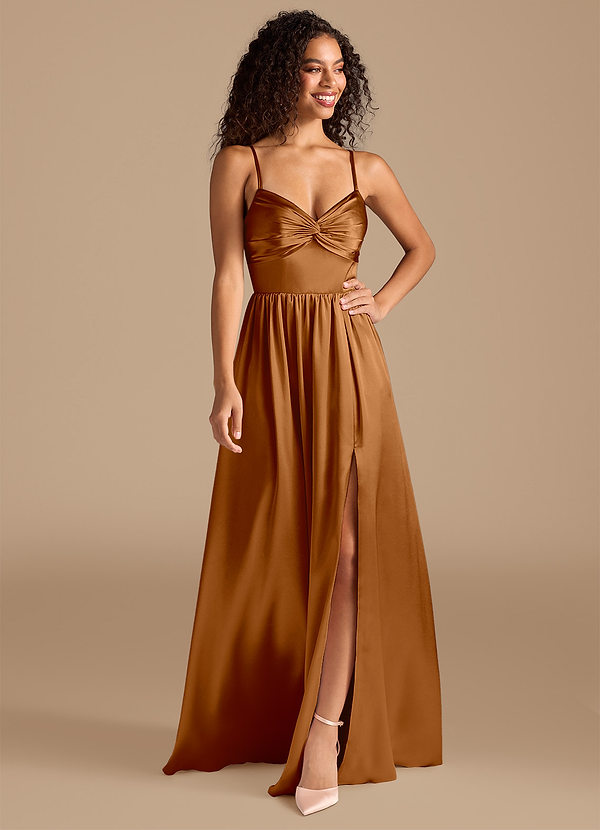 Azazie Zeya Bruidsmeisjes Jurken Jurk van Metaalachtig Satijn met A-Lijn Geplooid Koper image1