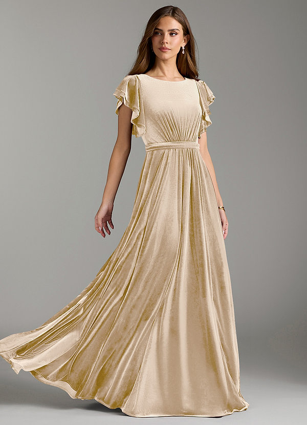 Azazie Daphne Modest Bridesmaid Dresses A-Line Velvet Floor-Length Dress with Belt image1