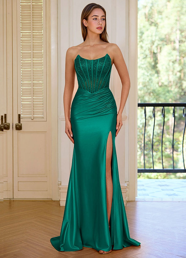 Valeria Green Strapless Satin Mermaid Rhinestones Corset Prom Dress image1