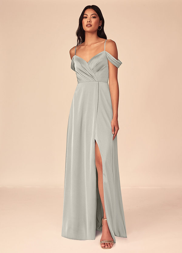 Azazie Ocean Bridesmaid Dresses A-Line V-Neck Pleated Stretch Satin Floor-Length Dress image1