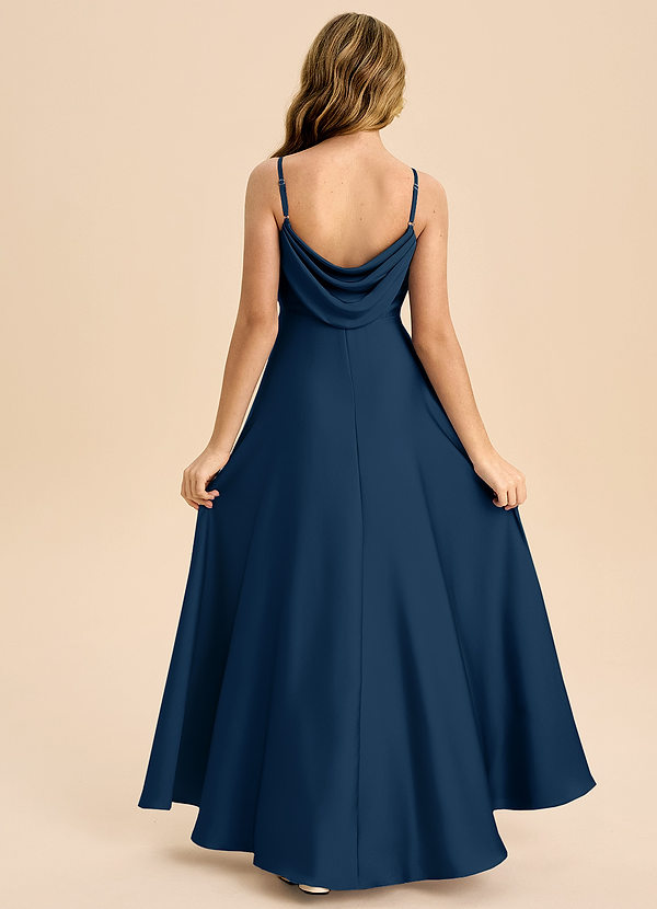 Azazie Bug Junior Robe Trapèze en Satin extensible Plissée Bleu Marine Foncé image1