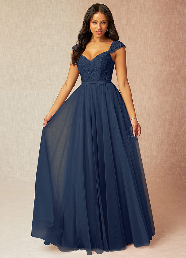 Azazie Luxi Bridesmaid Dresses Dark Navy A-Line Pleated Tulle Dress image1