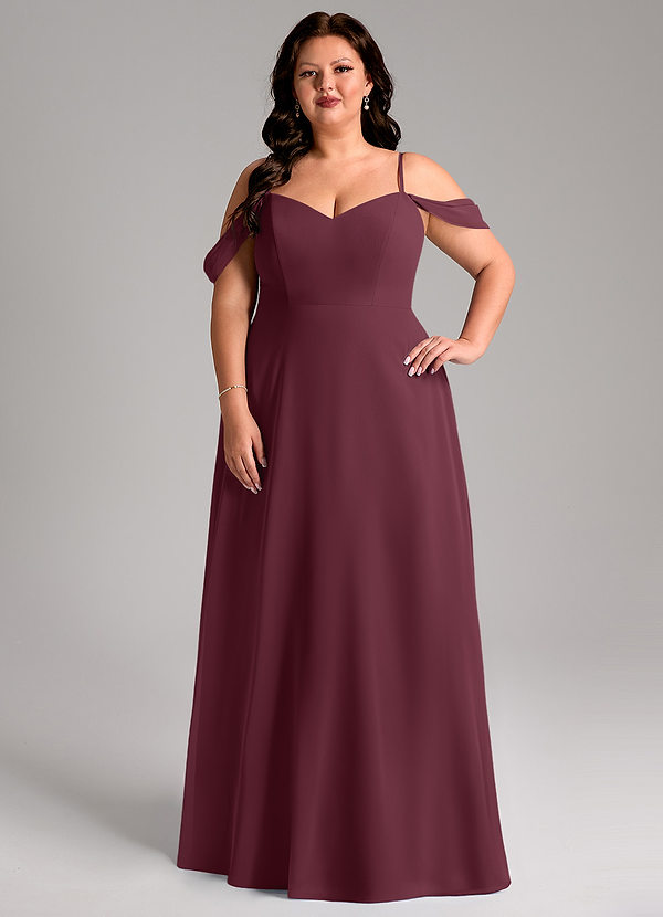 Azazie Marley Bruidsmeisjesjurken Converteerbaar Jurk van Chiffon met A-Lijn Off-shoulder Cabernet image1