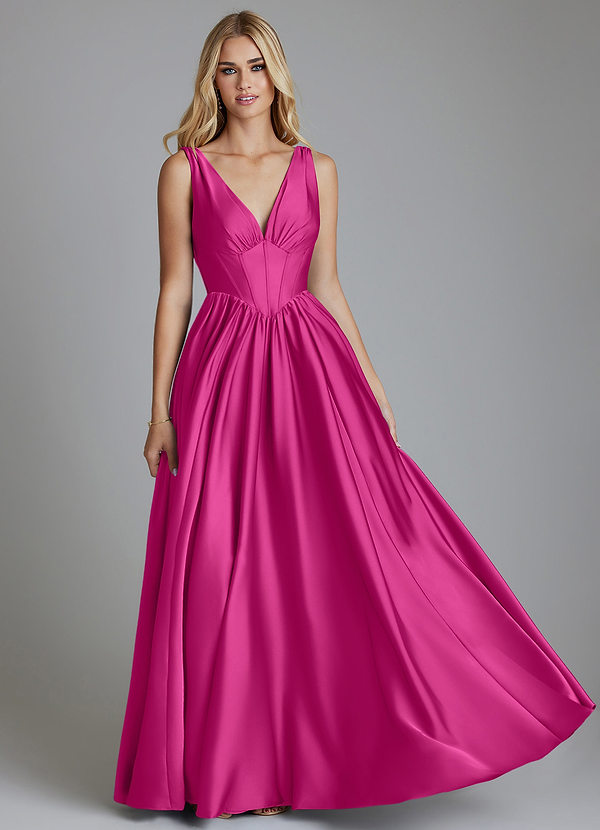Azazie Delmie Vestidos Dama de Honor Vestido de Fucsia de Satén Elástico de Corte en A con Corsé image1