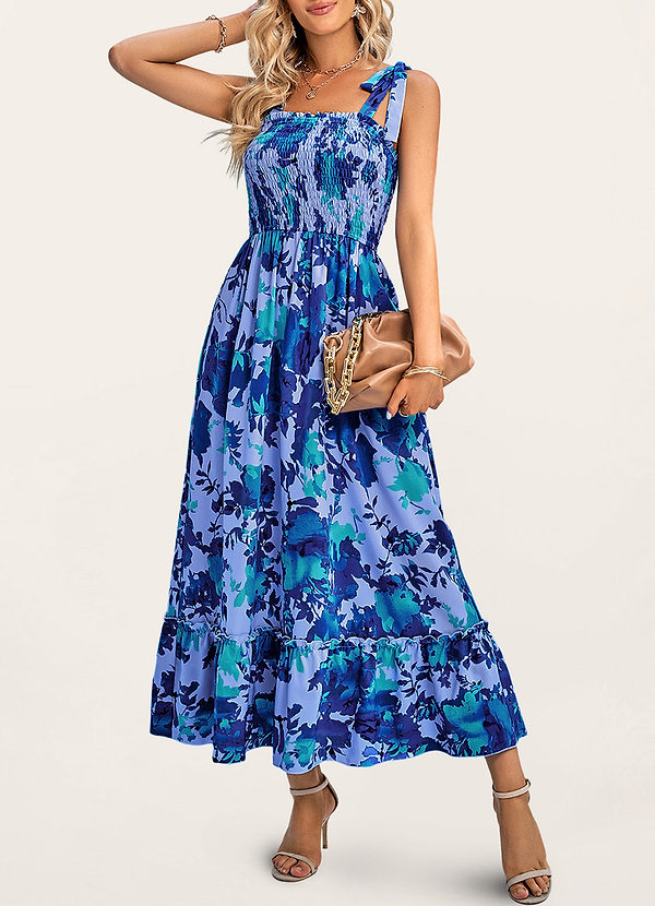 back Floraison éclatante Bleu Robe longue étagée à fleurs