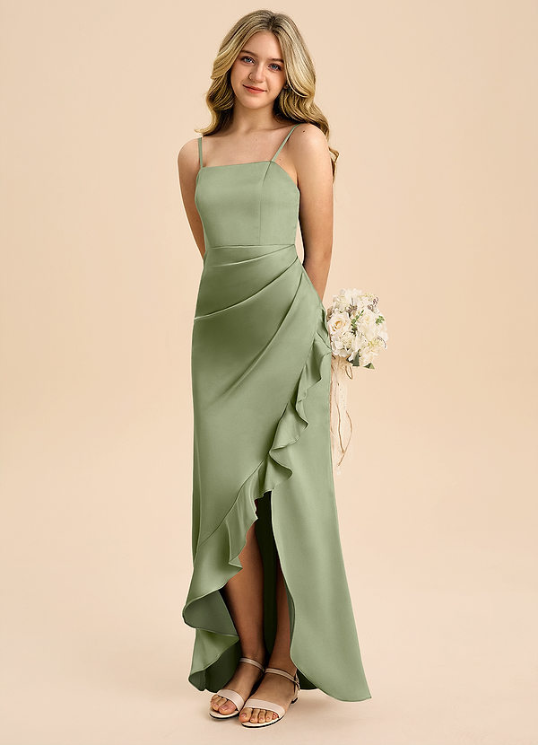 Azazie Buzzy Junior Pistachio Sheath Pleated Stretch Satin Dress image1