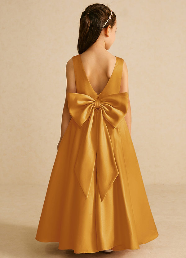 Azazie Pipsy Flower Girl Dresses Butterscotch A-Line Bow Matte Satin Dress image1