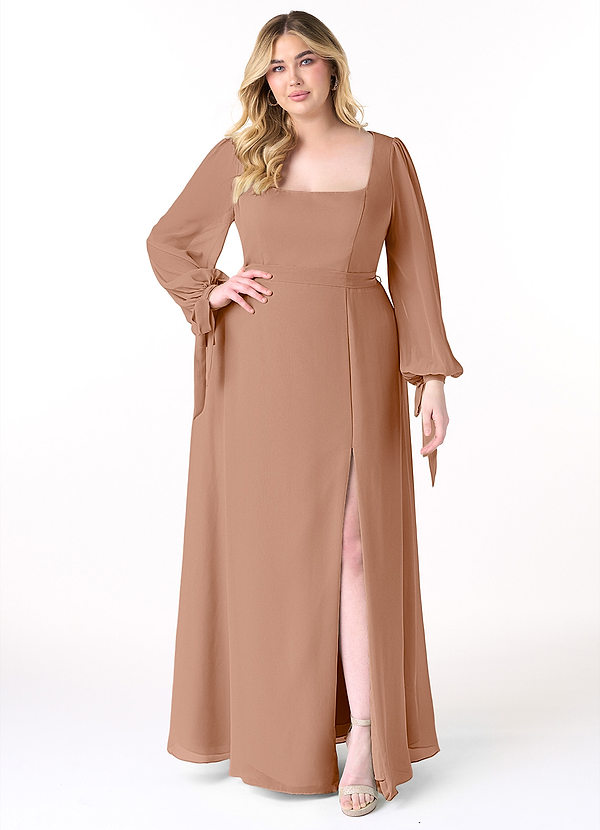 Azazie Leonia Bridesmaid Dresses Champagne Rose A-Line Long Sleeve Chiffon Dress image1