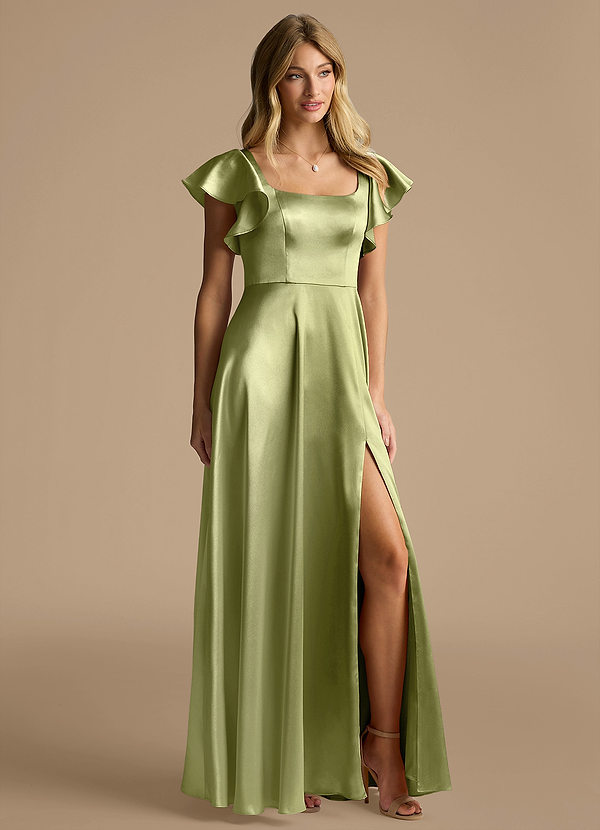 Azazie Bondi Bridesmaid Dresses Pistachio A-Line Bow Metallic Satin Dress image1