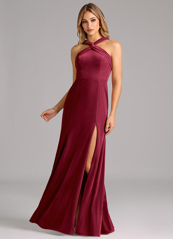 Azazie Rue Bridesmaid Dresses Burgundy A-Line Pleated Velvet Dress image1