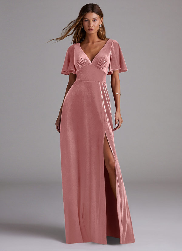 Azazie Kimber Bridesmaid Dresses Dusty Rose A-Line with Pockets Velvet Dress image1