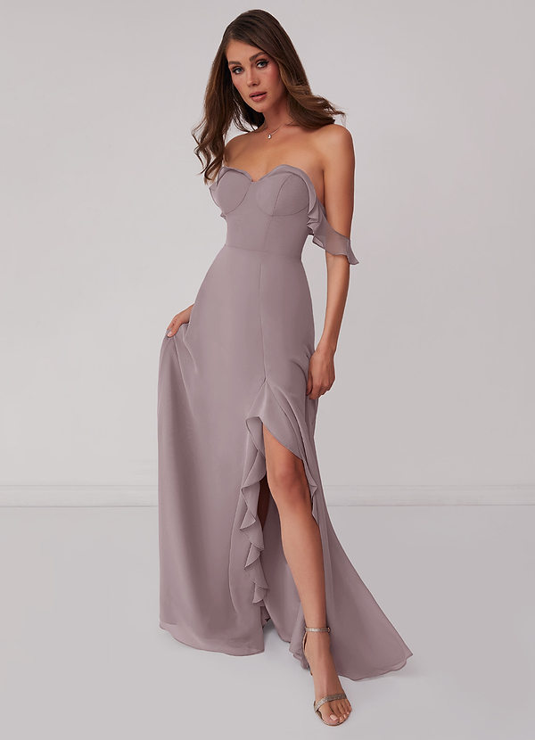 Barbie ♥ Azazie Bruidsmeisjes Jurken Converteerbaar Jurk van Chiffon met A-Lijn Off the Shoulder Schemering image1