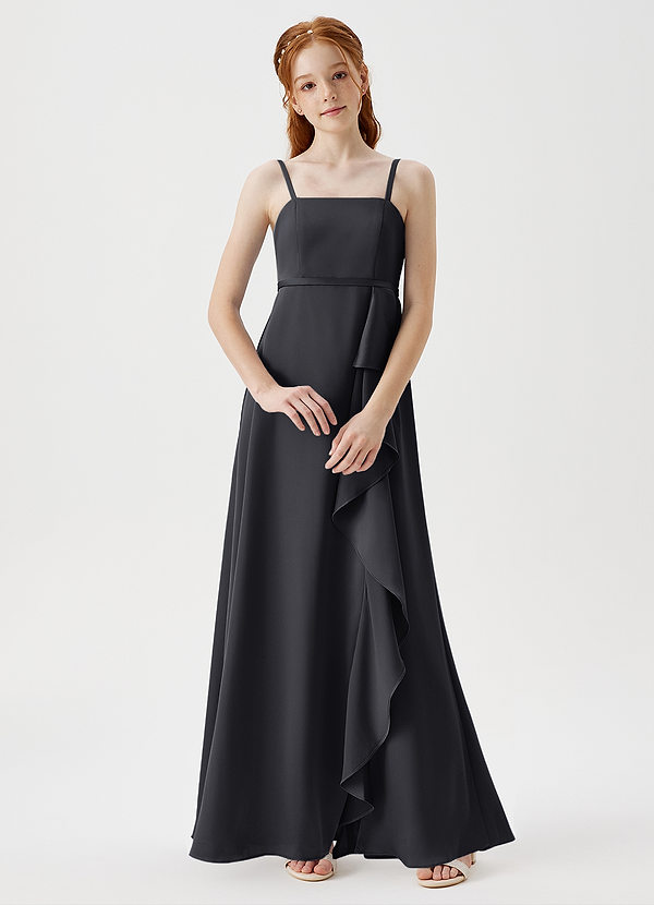 Azazie Kaylee Junior Black A-Line with Belt Stretch Satin Dress image1