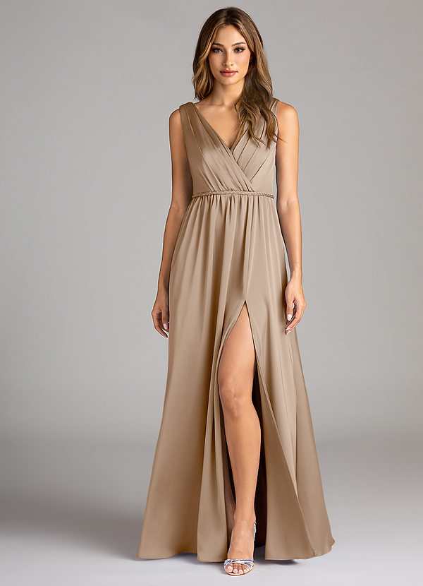 Azazie Tanicia Bridesmaid Dresses Taupe A-Line Pleated Stretch Satin Dress image1