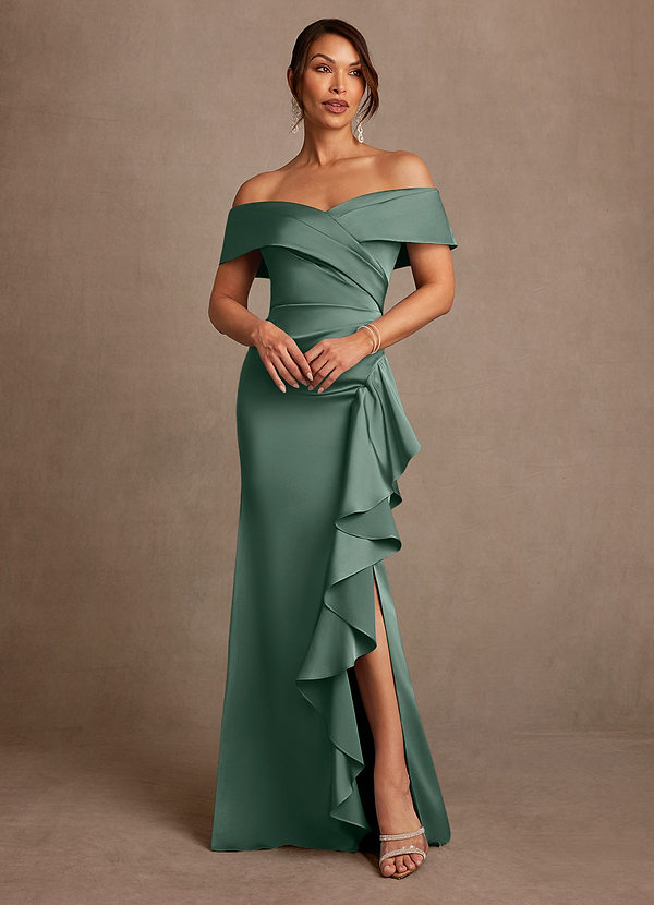 Azazie Kirsty Vestidos de Madre de la Novia Vestido de Eucalipto de Satén Elástico de Corte Recto con Vestidos sin tirantes image1