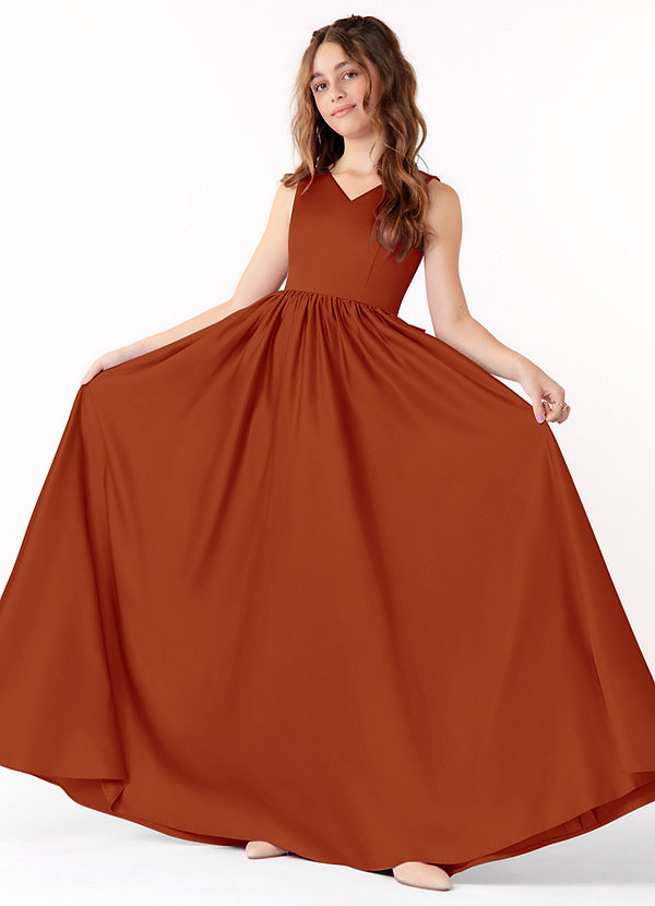 Azazie Hathaway Junior Paprika A-Line Bow Matte Satin Dress image1