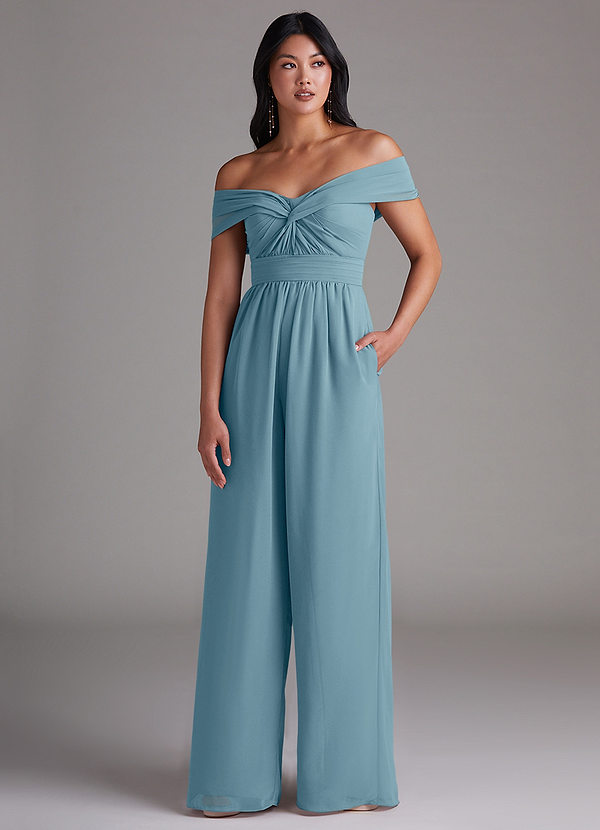 Azazie Lamara Robes Demoiselle d'honneur Combinaison Convertible en Mousseline de soie Épaule décolletée Bleu Maussade image1