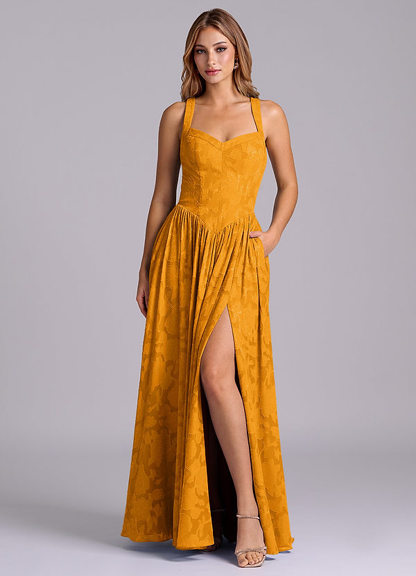 Azazie Francis Bridesmaid Dresses Butterscotch A-Line Corset Floral Burnout Dress image1