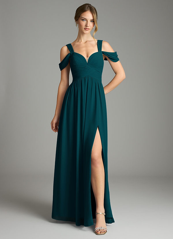 Azazie Lianne Bridesmaid Dresses Pine A-Line Off the Shoulder Chiffon Dress image1