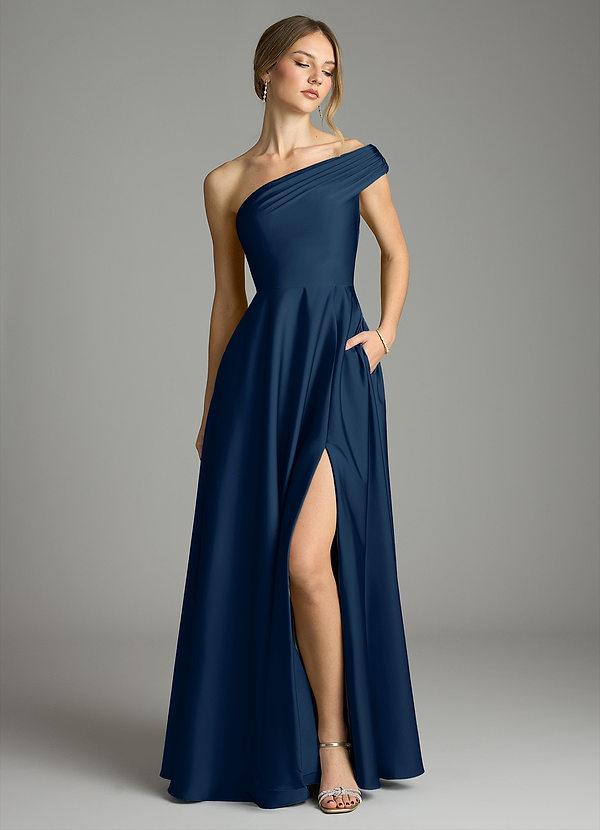 Azazie Melanie Bridesmaid Dresses Dark Navy A-Line Off the Shoulder Stretch Satin Dress image1