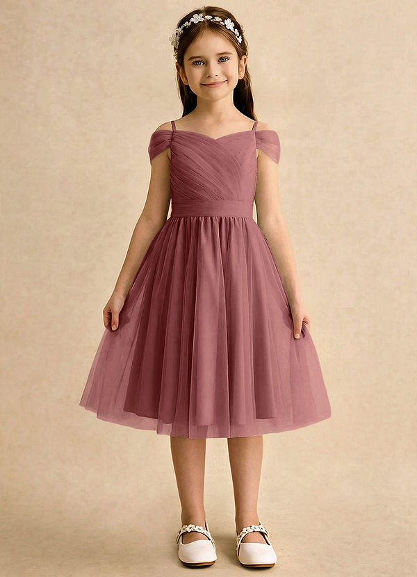 Azazie Lila Girls Formal Sukienki dla dziewczynek sypiących kwiaty Linia A Zza ramienia Tiul Długość do kolan Sukienka image1