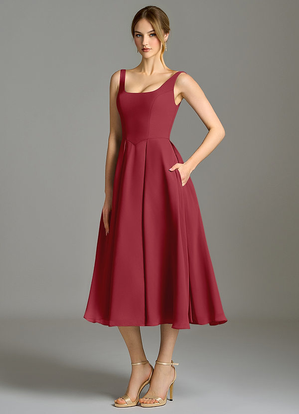 Azazie Amalie Brautjungfernkleider A-Linie Plissee Chiffon Kleid Granatapfelrot image1